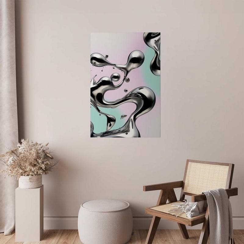 Poster - Metallic Fluidity - abstract silver forms on a mint-purple background in Poster e stampe Collezione Casa - Trebisacce, commercioVirtuoso.it