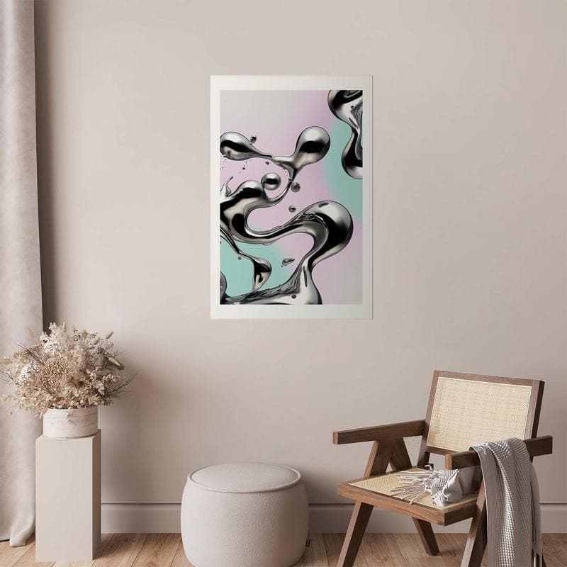 Poster - Metallic Fluidity - abstract silver forms on a mint-purple background in Poster e stampe Collezione Casa - Trebisacce, commercioVirtuoso.it