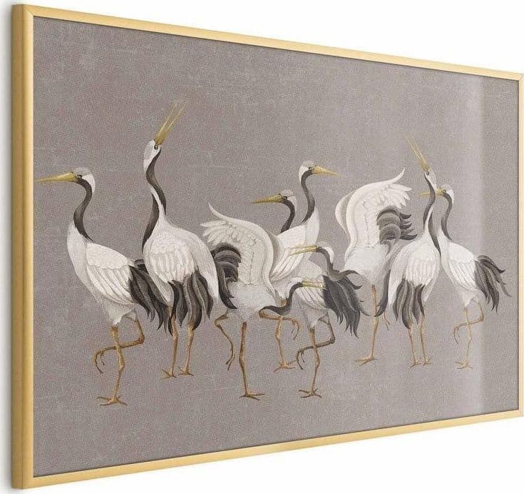 Poster - Crane Dance - light bird silhouettes on a warm-gray textured background in Poster e stampe Collezione Casa - Trebisacce, commercioVirtuoso.it