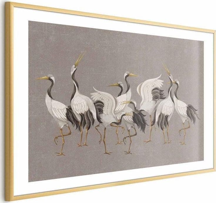 Poster - Crane Dance - light bird silhouettes on a warm-gray textured background in Poster e stampe Collezione Casa - Trebisacce, commercioVirtuoso.it