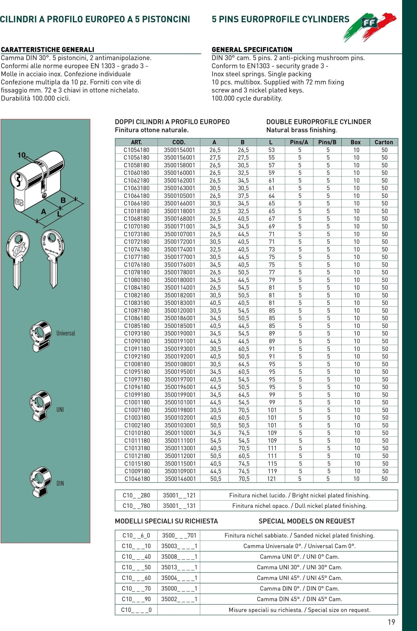 Facchinetti cilindro Yale sagomato universale camma DIN 30° da 27,5 - 27,5mm (55mm) in Cilindri delle serrature Aloiserw.com - Altomonte, commercioVirtuoso.it