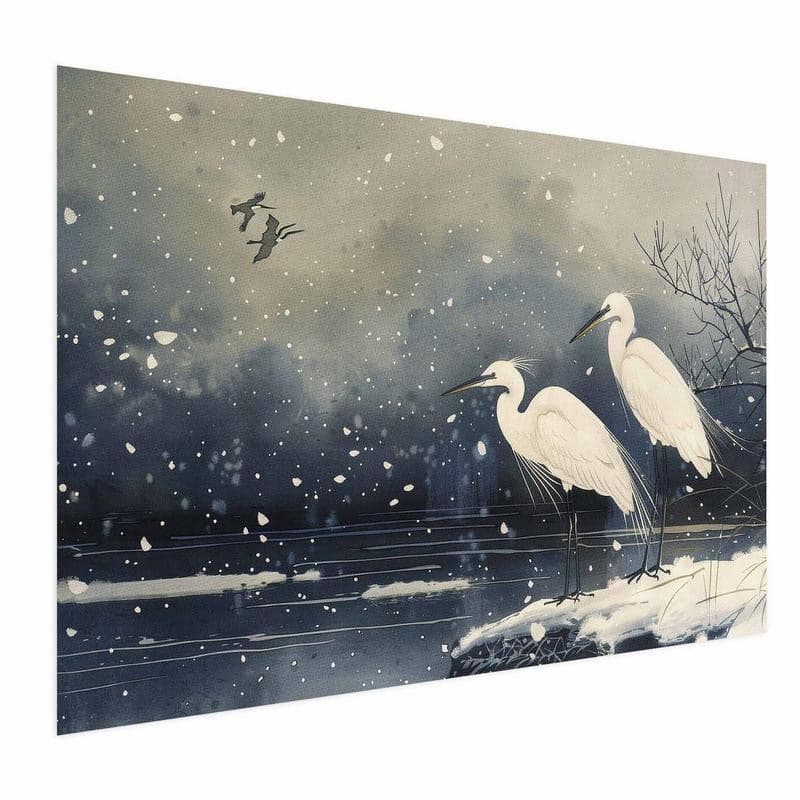 Poster - Herons over a Winter Pond - illustration in the Japanese style in dark colors in Poster e stampe Collezione Casa - Trebisacce, commercioVirtuoso.it
