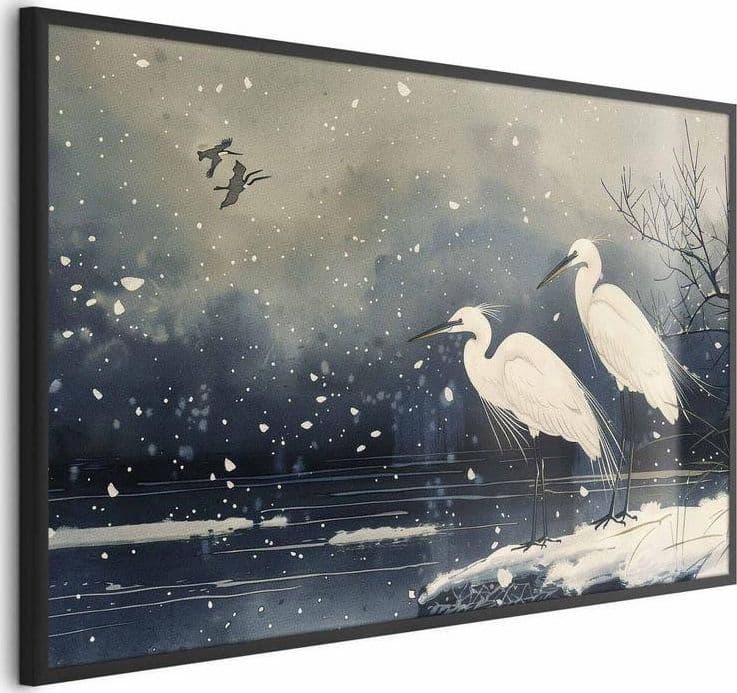 Poster - Herons over a Winter Pond - illustration in the Japanese style in dark colors in Poster e stampe Collezione Casa - Trebisacce, commercioVirtuoso.it