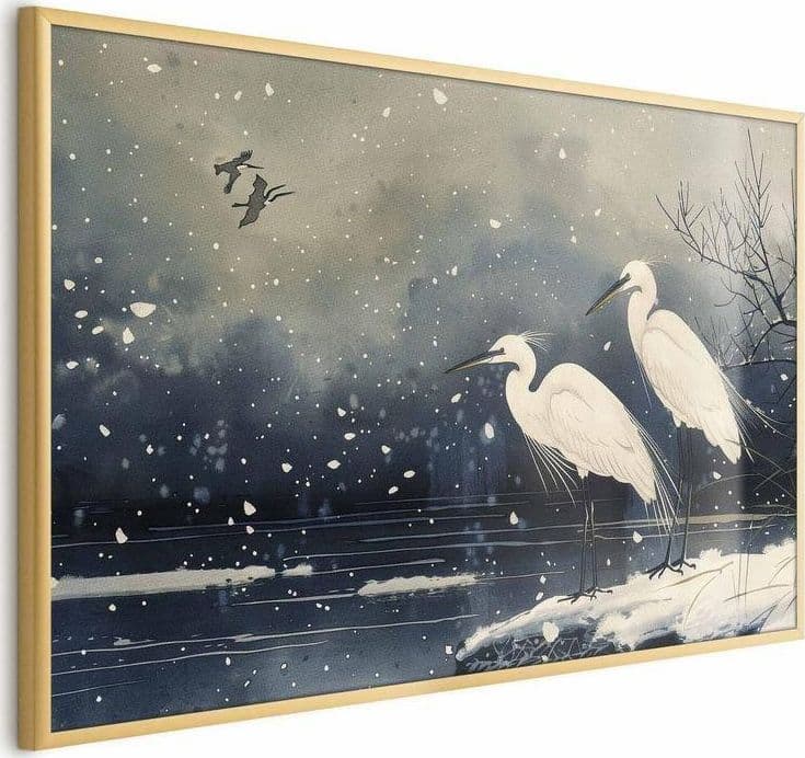 Poster - Herons over a Winter Pond - illustration in the Japanese style in dark colors in Poster e stampe Collezione Casa - Trebisacce, commercioVirtuoso.it