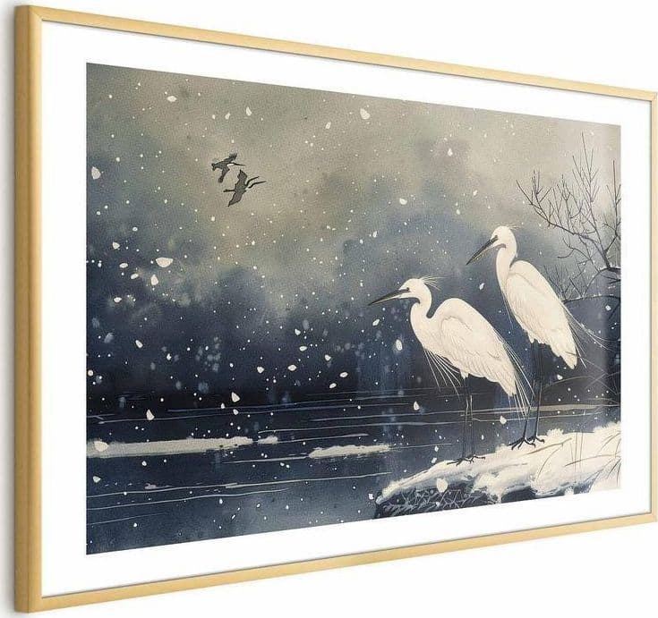 Poster - Herons over a Winter Pond - illustration in the Japanese style in dark colors in Poster e stampe Collezione Casa - Trebisacce, commercioVirtuoso.it