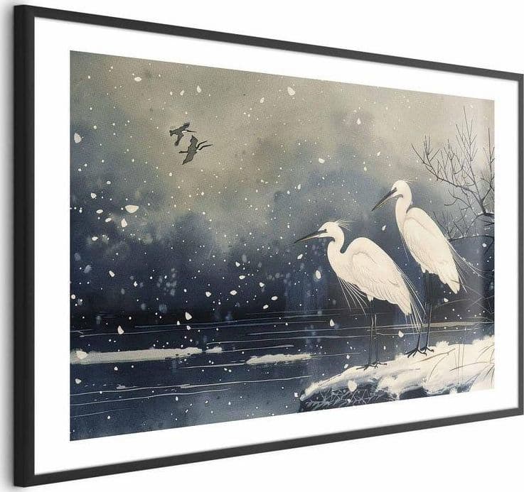 Poster - Herons over a Winter Pond - illustration in the Japanese style in dark colors in Poster e stampe Collezione Casa - Trebisacce, commercioVirtuoso.it
