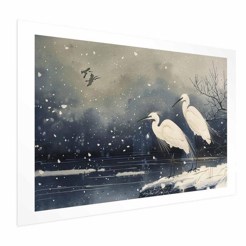 Poster - Herons over a Winter Pond - illustration in the Japanese style in dark colors in Poster e stampe Collezione Casa - Trebisacce, commercioVirtuoso.it