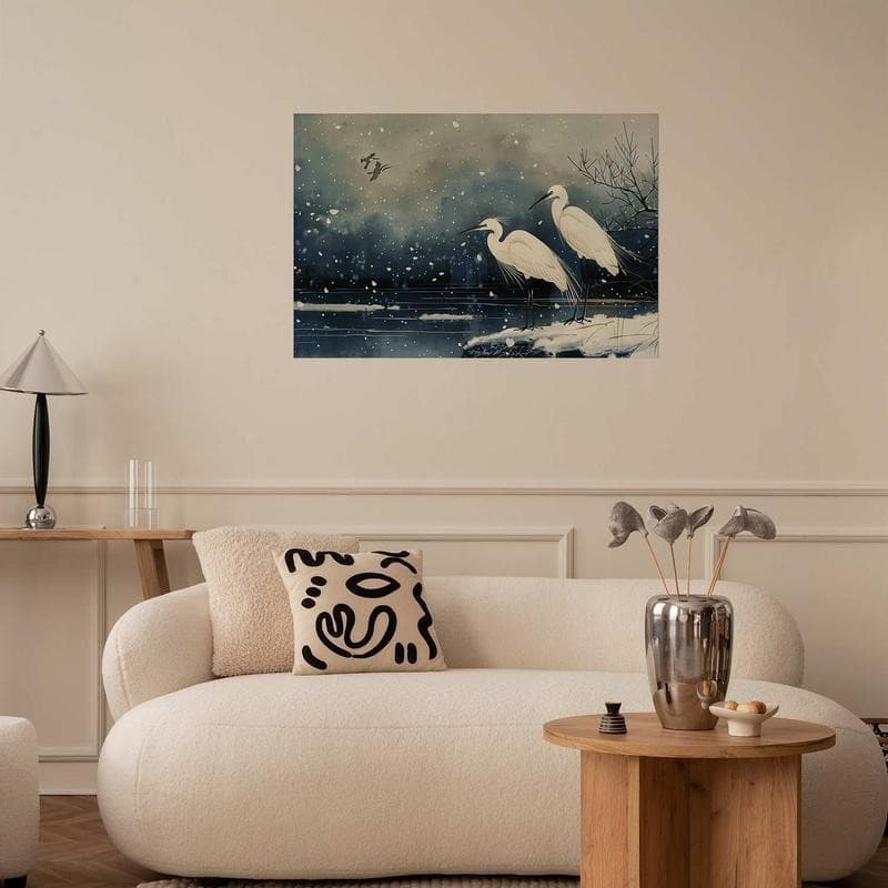 Poster - Herons over a Winter Pond - illustration in the Japanese style in dark colors in Poster e stampe Collezione Casa - Trebisacce, commercioVirtuoso.it