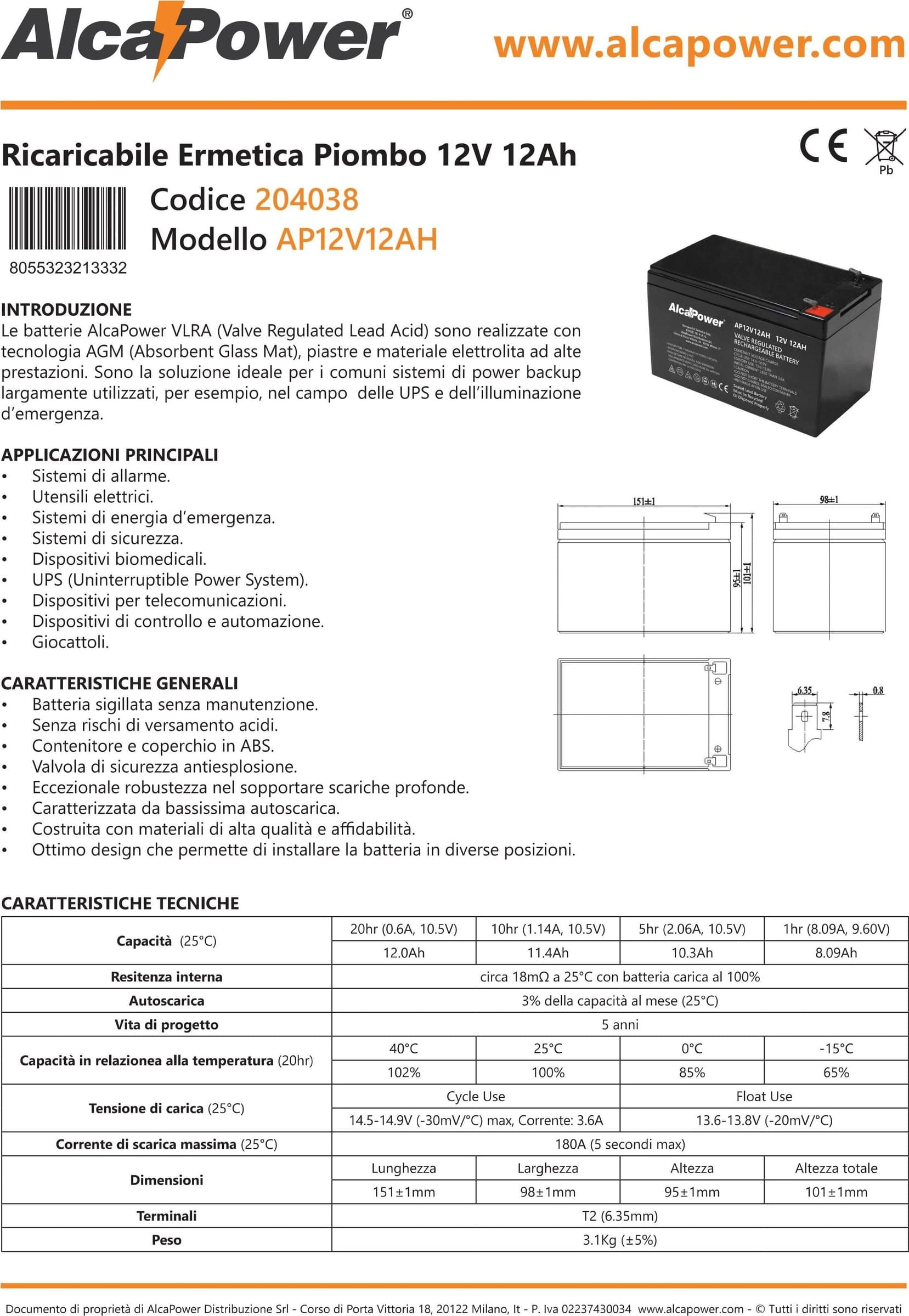 Alca Power batteria al piombo da 12V 12Ah ricaricabile per UPS e illuminazione di emergenza in Pile ricaricabili Aloiserw.com - Altomonte, commercioVirtuoso.it