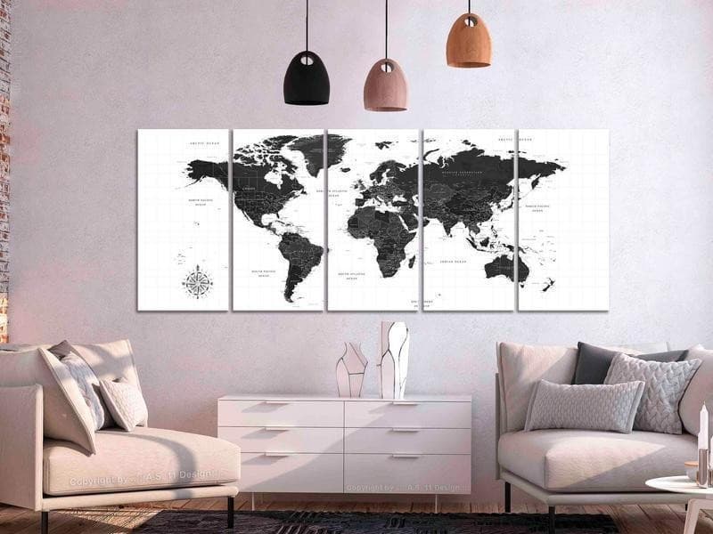 Quadro Black and White Map (5 Parts) Narrow in Poster e stampe Collezione Casa - Trebisacce, commercioVirtuoso.it