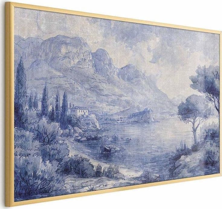 Poster - Blue Bay - Italian Landscape of Lake Como Painted in Blue Ink in Poster e stampe Collezione Casa - Trebisacce, commercioVirtuoso.it