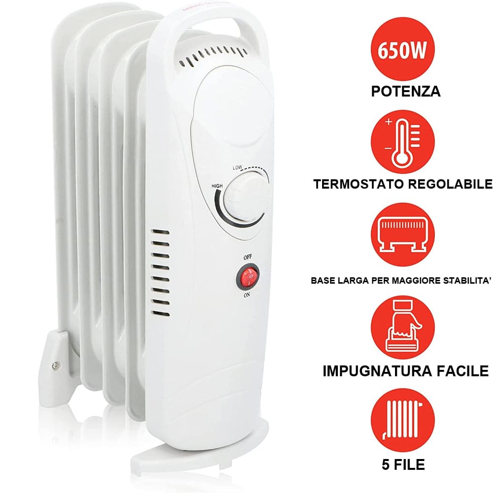 Radiatore ad Olio 5 Elementi a Basso Consumo Energetico Potenza 650 Watt in Stufe elettriche Esplodia - Napoli, commercioVirtuoso.it