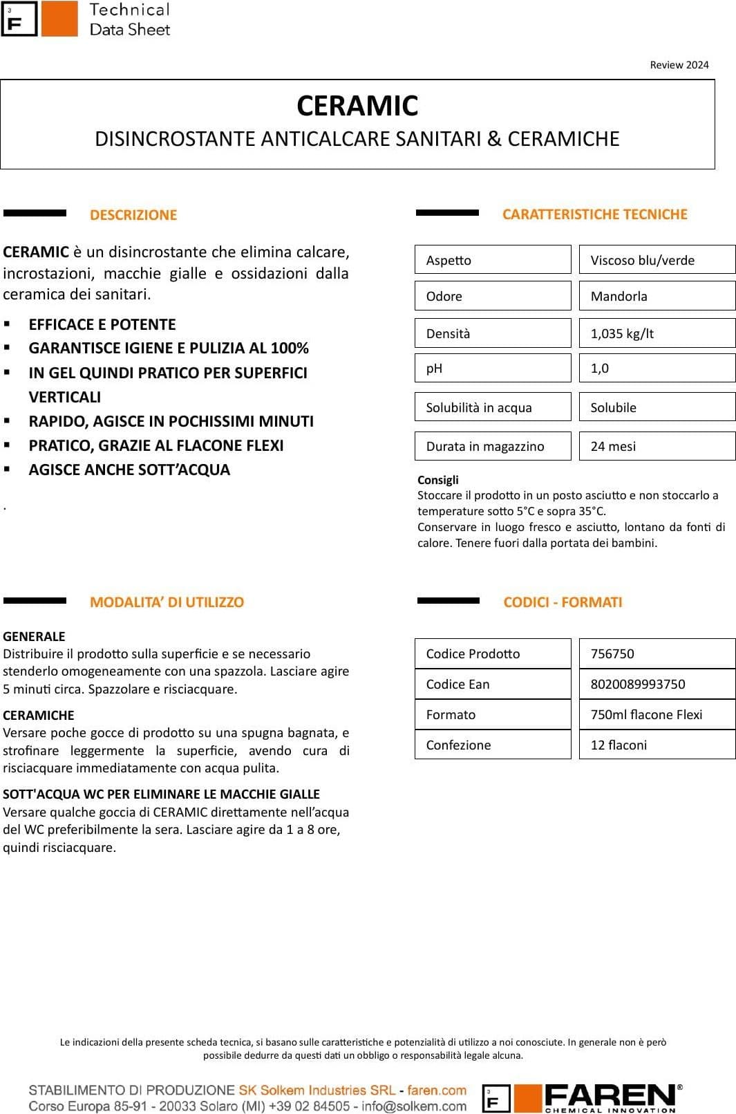 Faren Ceramic 750ml disincrostante gel liquido per sanitari e ceramiche in Prodotti anticalcare Aloiserw.com - Altomonte, commercioVirtuoso.it