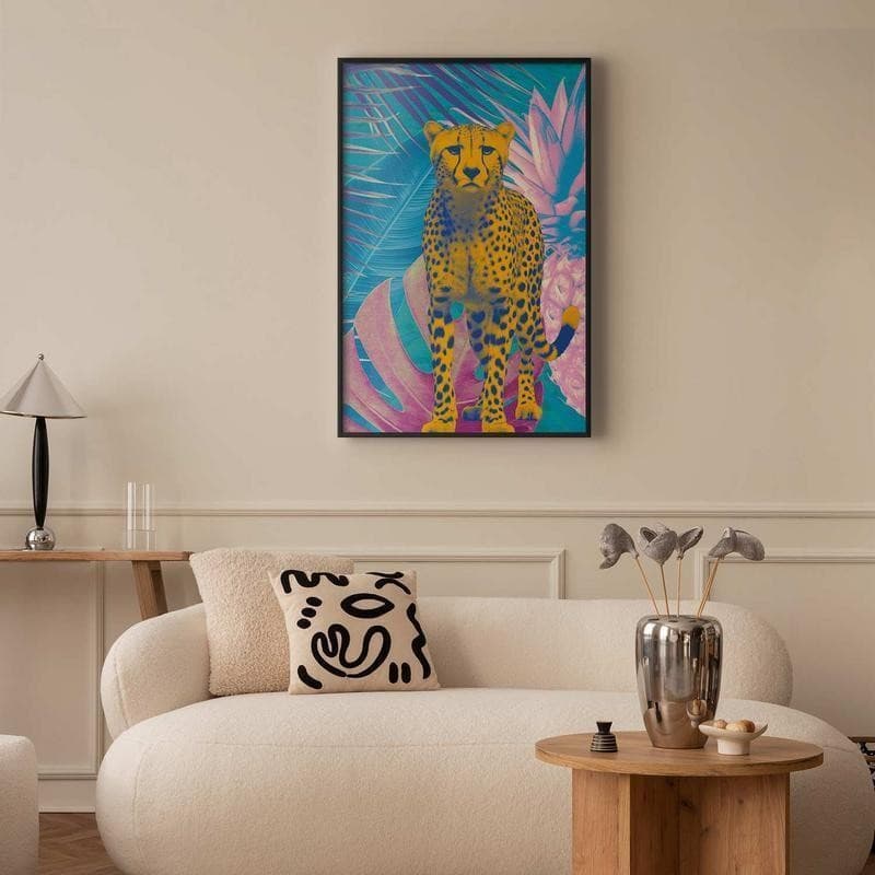 Poster - Exotic Leopard - colorful portrait of a cheetah against tropical leaves in Poster e stampe Collezione Casa - Trebisacce, commercioVirtuoso.it