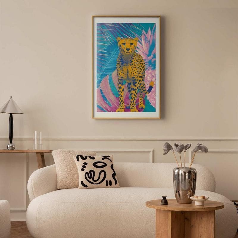 Poster - Exotic Leopard - colorful portrait of a cheetah against tropical leaves in Poster e stampe Collezione Casa - Trebisacce, commercioVirtuoso.it
