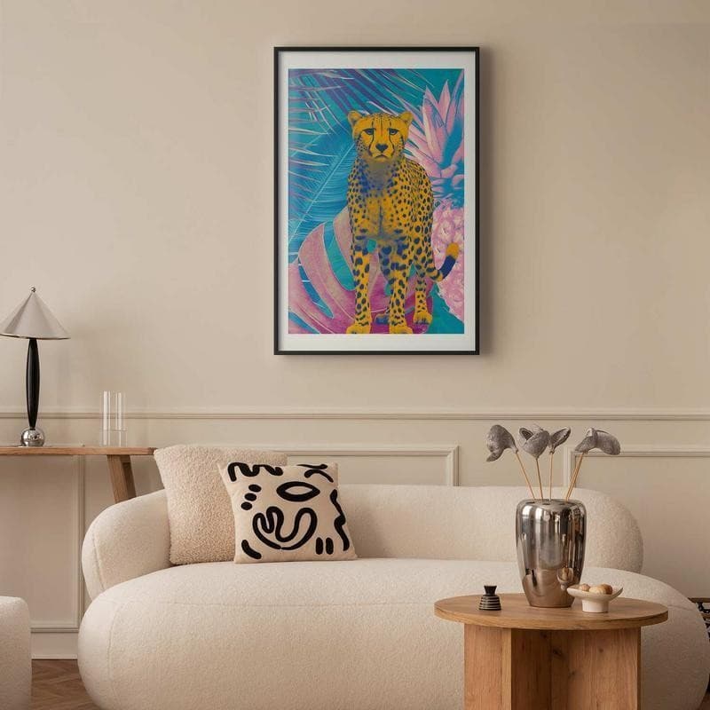 Poster - Exotic Leopard - colorful portrait of a cheetah against tropical leaves in Poster e stampe Collezione Casa - Trebisacce, commercioVirtuoso.it