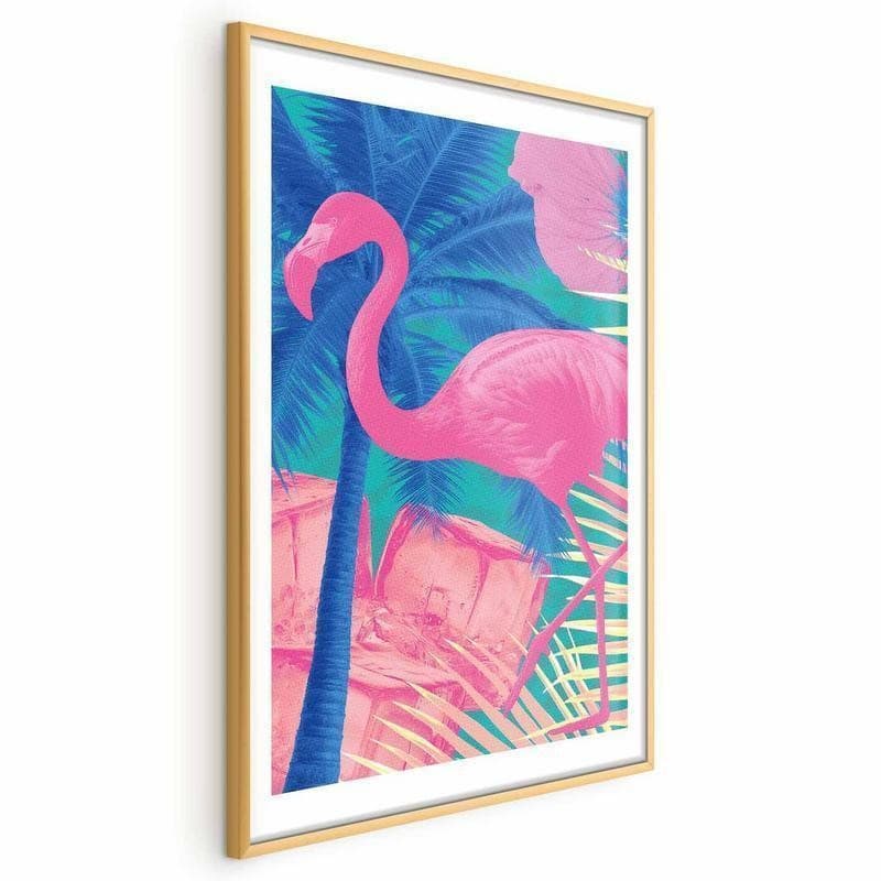 Poster - Pink Flamingo - abstract flamingo against a background of palm trees and ice cubes in Poster e stampe Collezione Casa - Trebisacce, commercioVirtuoso.it