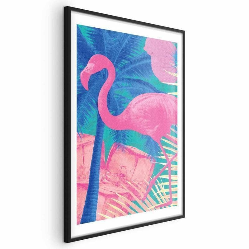 Poster - Pink Flamingo - abstract flamingo against a background of palm trees and ice cubes in Poster e stampe Collezione Casa - Trebisacce, commercioVirtuoso.it