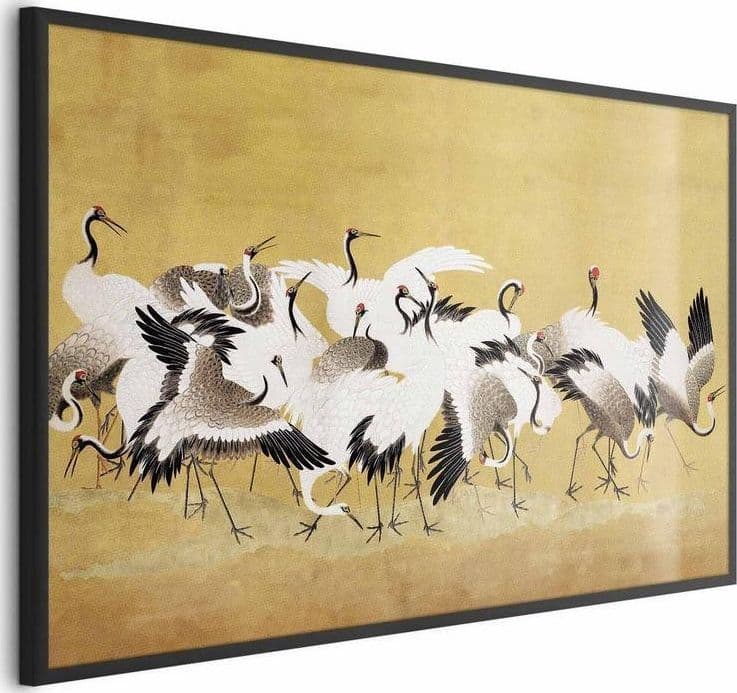 Poster - Japanese Cranes - a flock of birds against a golden background based on the painting of Ishida Yūtei in Poster e stampe Collezione Casa - Trebisacce, commercioVirtuoso.it