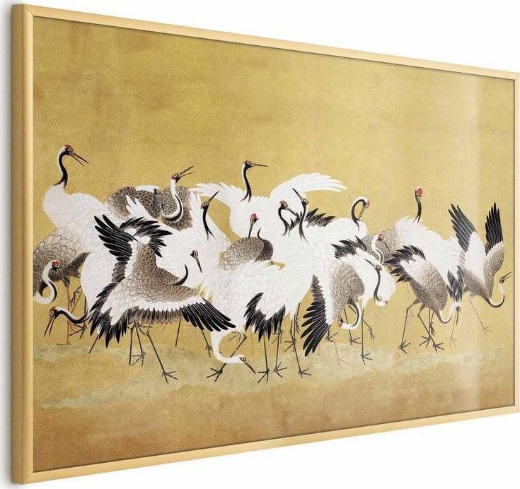 Poster - Japanese Cranes - a flock of birds against a golden background based on the painting of Ishida Yūtei in Poster e stampe Collezione Casa - Trebisacce, commercioVirtuoso.it