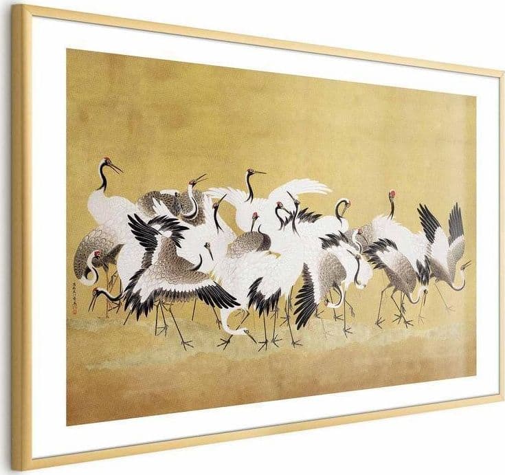 Poster - Japanese Cranes - a flock of birds against a golden background based on the painting of Ishida Yūtei in Poster e stampe Collezione Casa - Trebisacce, commercioVirtuoso.it