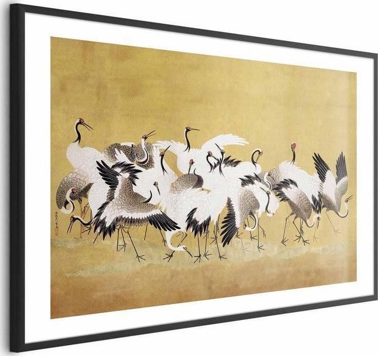 Poster - Japanese Cranes - a flock of birds against a golden background based on the painting of Ishida Yūtei in Poster e stampe Collezione Casa - Trebisacce, commercioVirtuoso.it