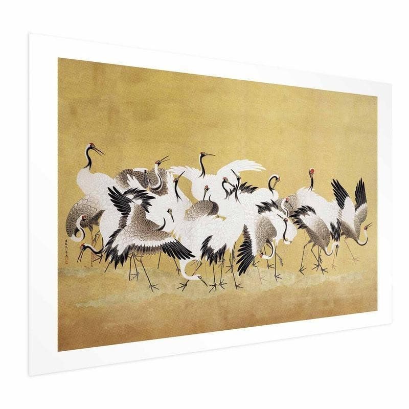 Poster - Japanese Cranes - a flock of birds against a golden background based on the painting of Ishida Yūtei in Poster e stampe Collezione Casa - Trebisacce, commercioVirtuoso.it