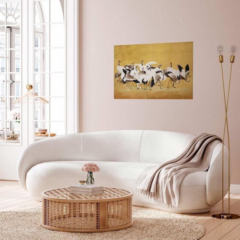 Poster - Japanese Cranes - a flock of birds against a golden background based on the painting of Ishida Yūtei in Poster e stampe Collezione Casa - Trebisacce, commercioVirtuoso.it