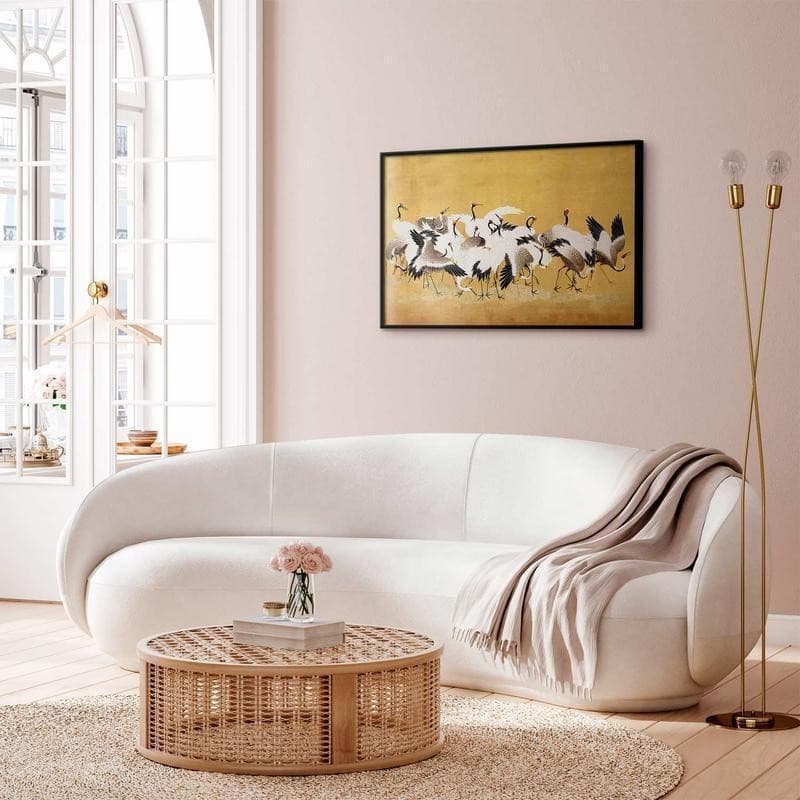 Poster - Japanese Cranes - a flock of birds against a golden background based on the painting of Ishida Yūtei in Poster e stampe Collezione Casa - Trebisacce, commercioVirtuoso.it