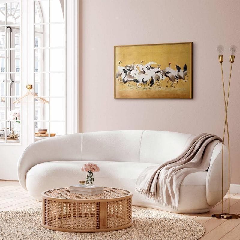 Poster - Japanese Cranes - a flock of birds against a golden background based on the painting of Ishida Yūtei in Poster e stampe Collezione Casa - Trebisacce, commercioVirtuoso.it