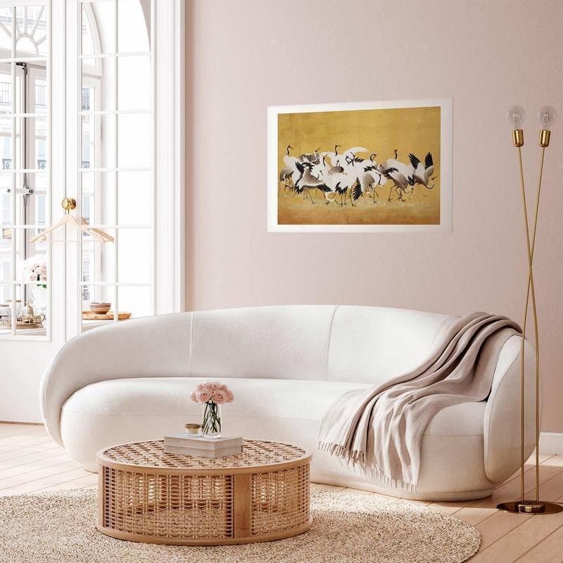 Poster - Japanese Cranes - a flock of birds against a golden background based on the painting of Ishida Yūtei in Poster e stampe Collezione Casa - Trebisacce, commercioVirtuoso.it