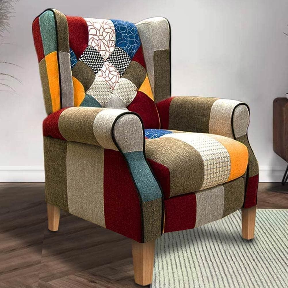 Sedia Poltrona Reclinabile Patchwork Toppe Seduta Comoda Piedini Legno Chiaro