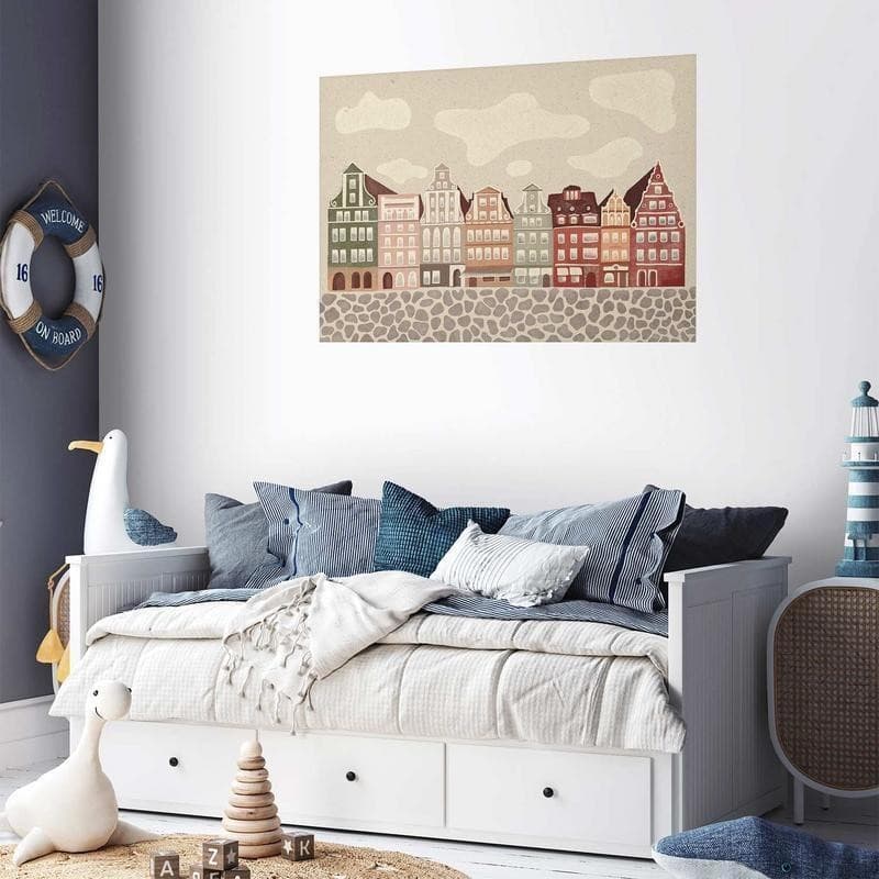 Poster - Colorful Facades - Historic Wrocław Tenement Houses Against the Sky and Cobblestone Street in Poster e stampe Collezione Casa - Trebisacce, commercioVirtuoso.it