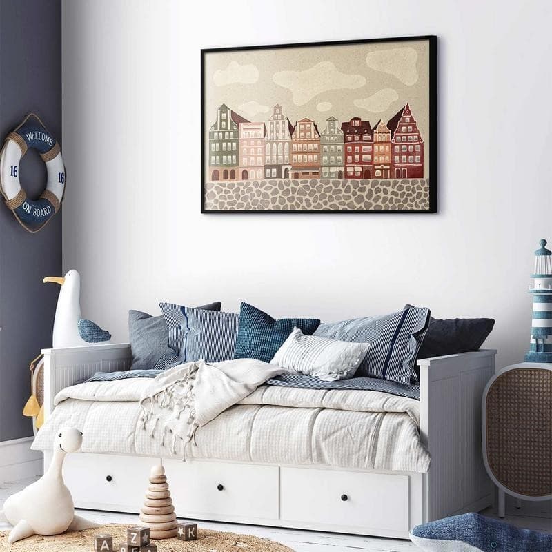 Poster - Colorful Facades - Historic Wrocław Tenement Houses Against the Sky and Cobblestone Street in Poster e stampe Collezione Casa - Trebisacce, commercioVirtuoso.it