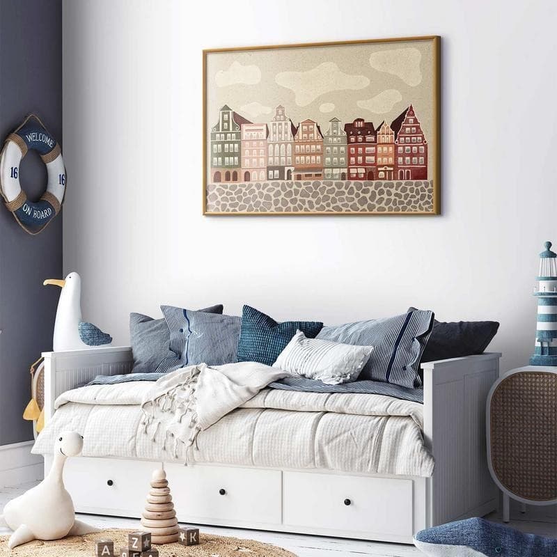 Poster - Colorful Facades - Historic Wrocław Tenement Houses Against the Sky and Cobblestone Street in Poster e stampe Collezione Casa - Trebisacce, commercioVirtuoso.it