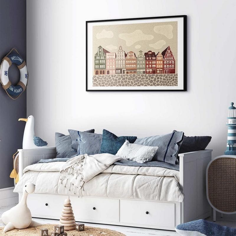 Poster - Colorful Facades - Historic Wrocław Tenement Houses Against the Sky and Cobblestone Street in Poster e stampe Collezione Casa - Trebisacce, commercioVirtuoso.it