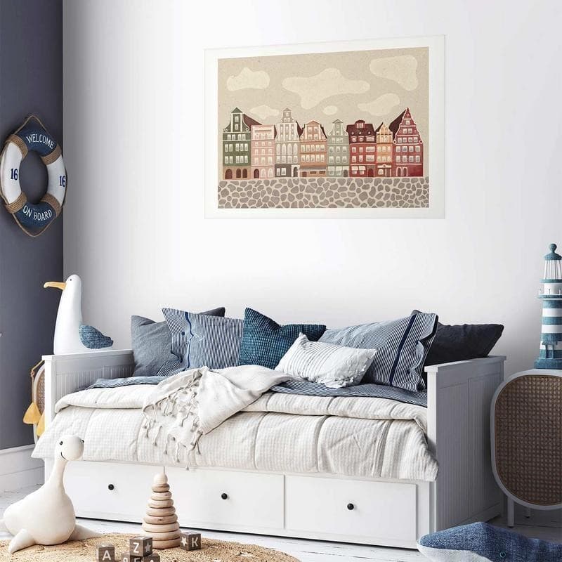 Poster - Colorful Facades - Historic Wrocław Tenement Houses Against the Sky and Cobblestone Street in Poster e stampe Collezione Casa - Trebisacce, commercioVirtuoso.it