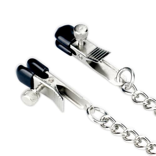 Pinzette per capezzoli con catene al morso bavaglio con gag nero e argento in prodotto Erosdom - Palmi, commercioVirtuoso.it