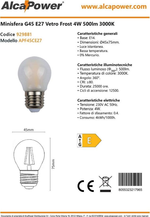 Alca Power G45 4W 220V 500LM 4000K E27 lampada classica a led vetro frost in Lampadine a LED Aloiserw.com - Altomonte, commercioVirtuoso.it