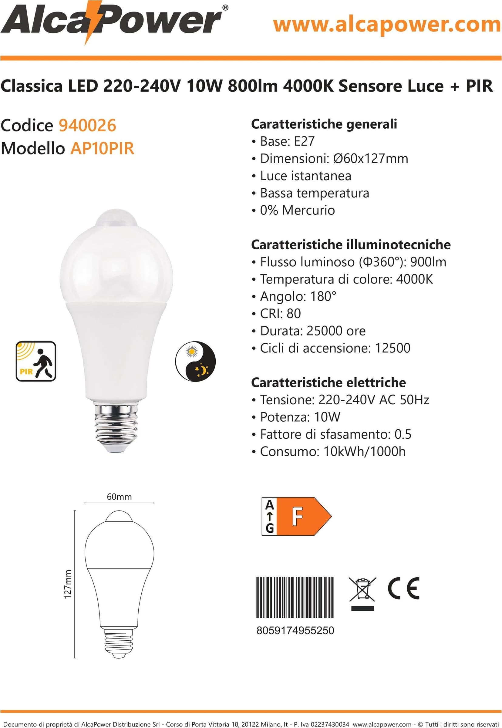 Alca Power A60 10W 220V 900LM 4000K E27 lampada classica a led PIR in Lampadine a LED Aloiserw.com - Altomonte, commercioVirtuoso.it