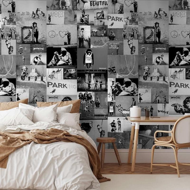 Fotomurale Banksy collage grigio
