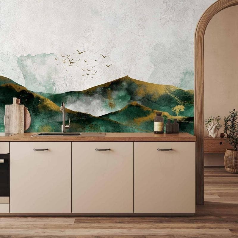 Carta da parati - Abstract landscape - green mountains with golden patterns and birds in Carta da parati Collezione Casa - Trebisacce, commercioVirtuoso.it