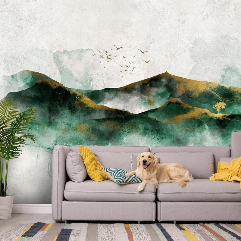 Carta da parati - Abstract landscape - green mountains with golden patterns and birds in Carta da parati Collezione Casa - Trebisacce, commercioVirtuoso.it