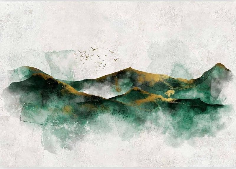 Carta da parati - Abstract landscape - green mountains with golden patterns and birds in Carta da parati Collezione Casa - Trebisacce, commercioVirtuoso.it
