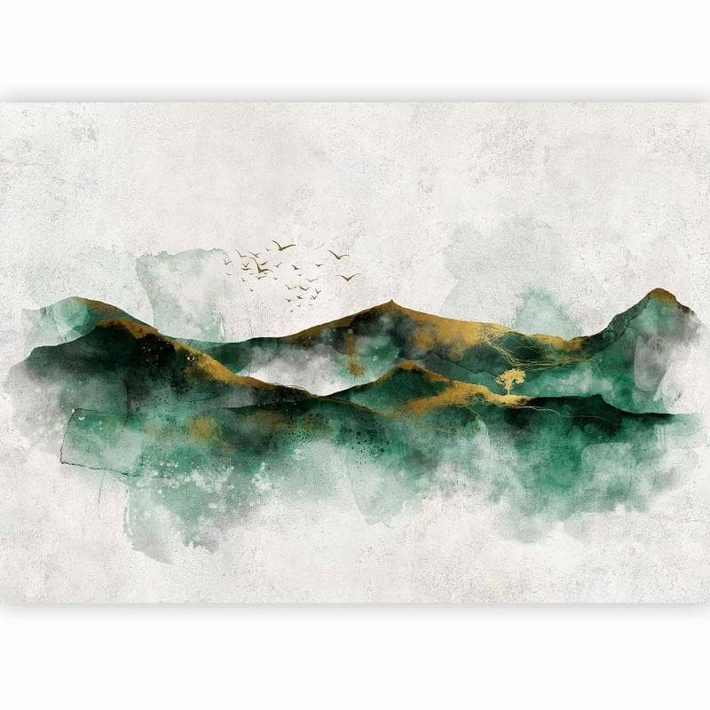 Carta da parati - Abstract landscape - green mountains with golden patterns and birds in Carta da parati Collezione Casa - Trebisacce, commercioVirtuoso.it
