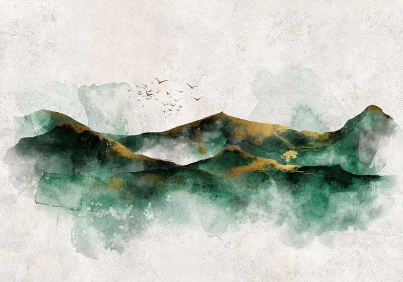 Carta da parati - Abstract landscape - green mountains with golden patterns and birds in Carta da parati Collezione Casa - Trebisacce, commercioVirtuoso.it