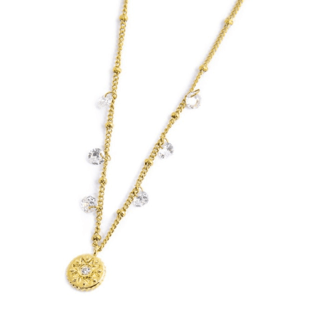 Marlù - COLLANA MEDAGLIETTA PENDENTE SOLE CON ZIRCONE CATENA CON ZIRCONI E SFERE PVD ORO