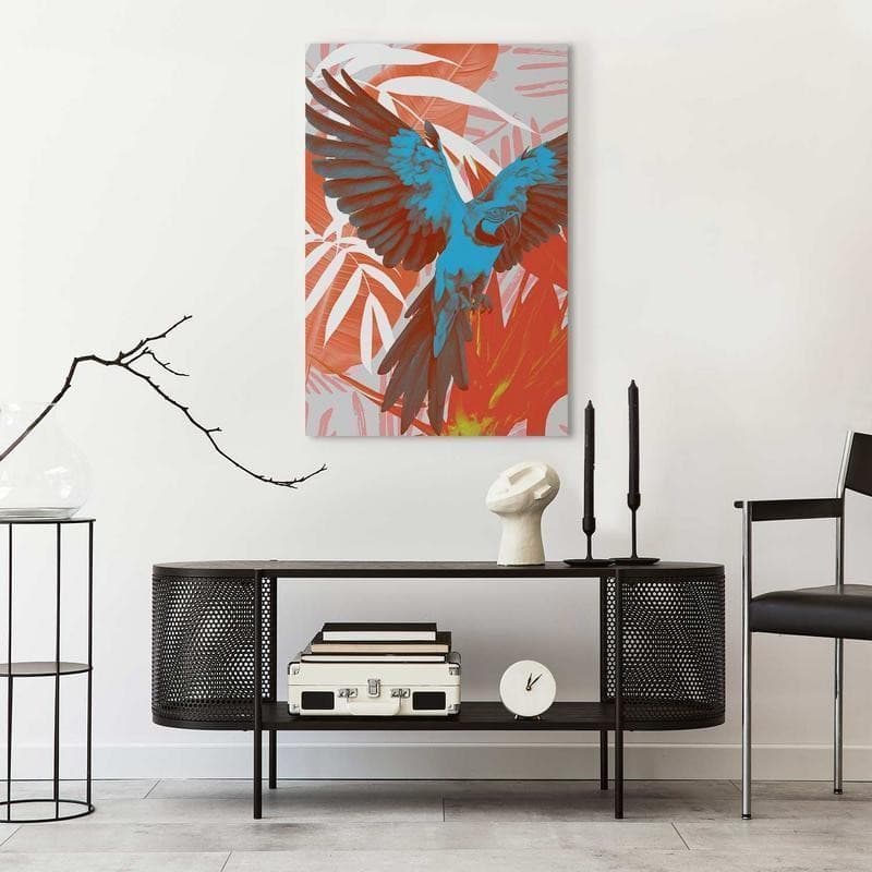 Quadro - Exotic Wings - Parrot Among Abstract Leaf Patterns in Poster e stampe Collezione Casa - Trebisacce, commercioVirtuoso.it