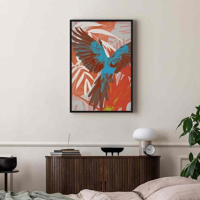 Quadro - Exotic Wings - Parrot Among Abstract Leaf Patterns in Poster e stampe Collezione Casa - Trebisacce, commercioVirtuoso.it