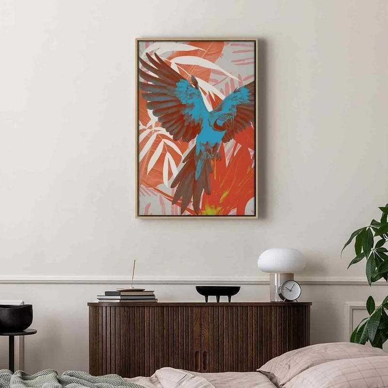 Quadro - Exotic Wings - Parrot Among Abstract Leaf Patterns in Poster e stampe Collezione Casa - Trebisacce, commercioVirtuoso.it